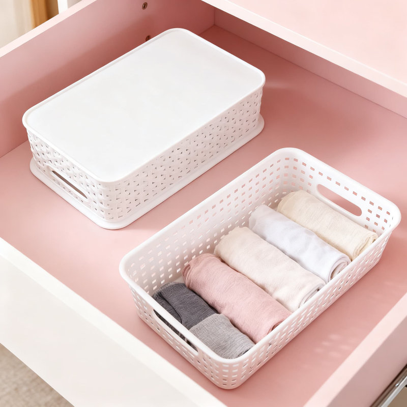 Plastic Woven Storage Baskets With Handles, Multipurpose Organizer Bins For Home, Office, And Classroom, 6-Pack