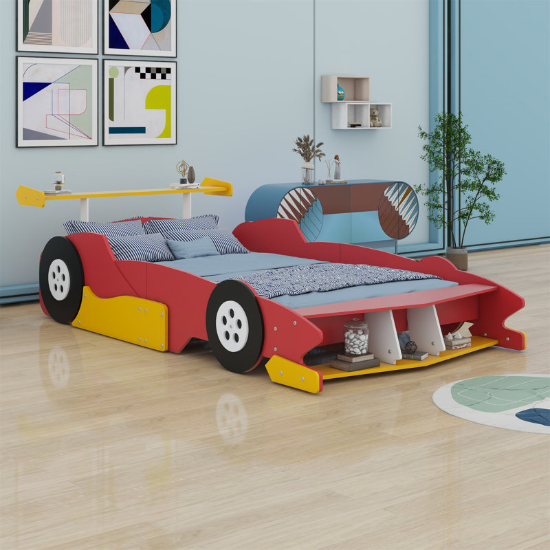 Race Car-Shaped Platform Bed With Wheels, Red