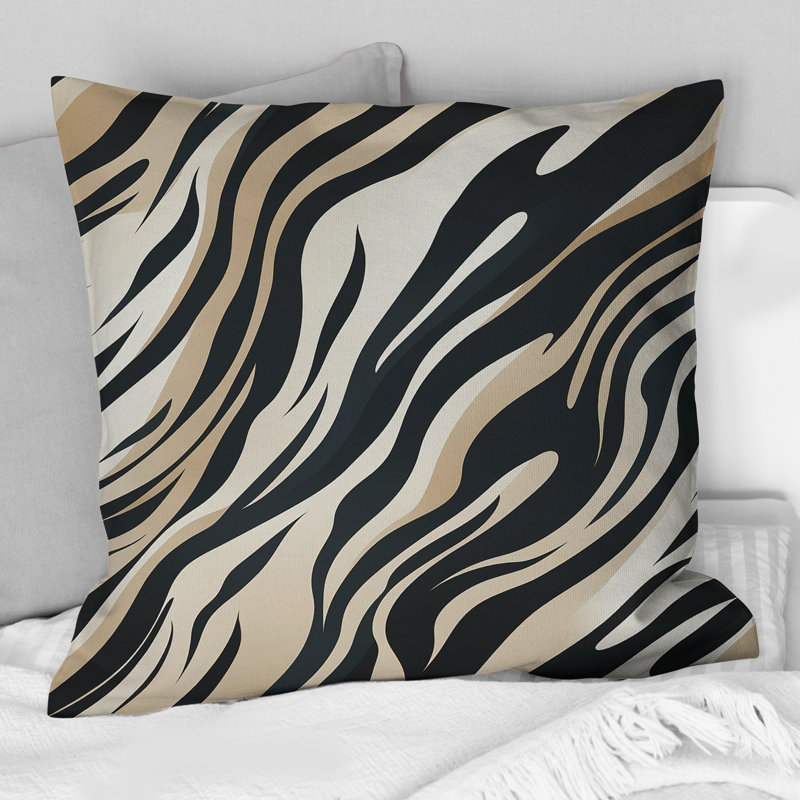 Coussin décoratif beige et noir à motif zébré sophistiqué, H 16 po x l 16 po