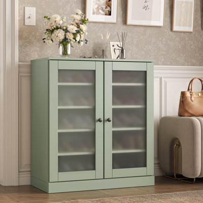 100% Solid Wood Frosted Glass Door Shoe Storage Cabinet with Adjustable Shelves, Space Saving Stackable Entryway Organizer, 32" W x 35.75" H