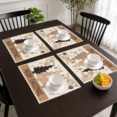 Christmas Placemats Set of 4 - Heat-Resistant Table Mats, for Indoor & Outdoor Dining,Black Beige Gingham Trees