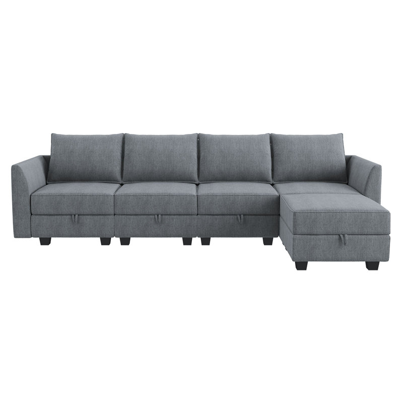 Manusite L-Shaped Reversible Modular Sectional Couch with Storage Ottoman, Bluish Gray
