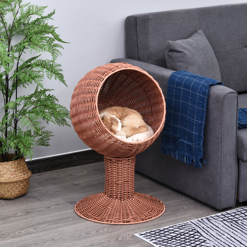 Lit surélevé pour chat avec gousse rotative et coussin épais, abri de jardin en tapis naturel, rembourrage confortable pour chaise en forme d'œuf brun