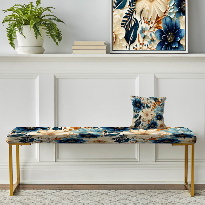 Upholstered Gold Bench, Boho White Blue Hibiscus Flowers