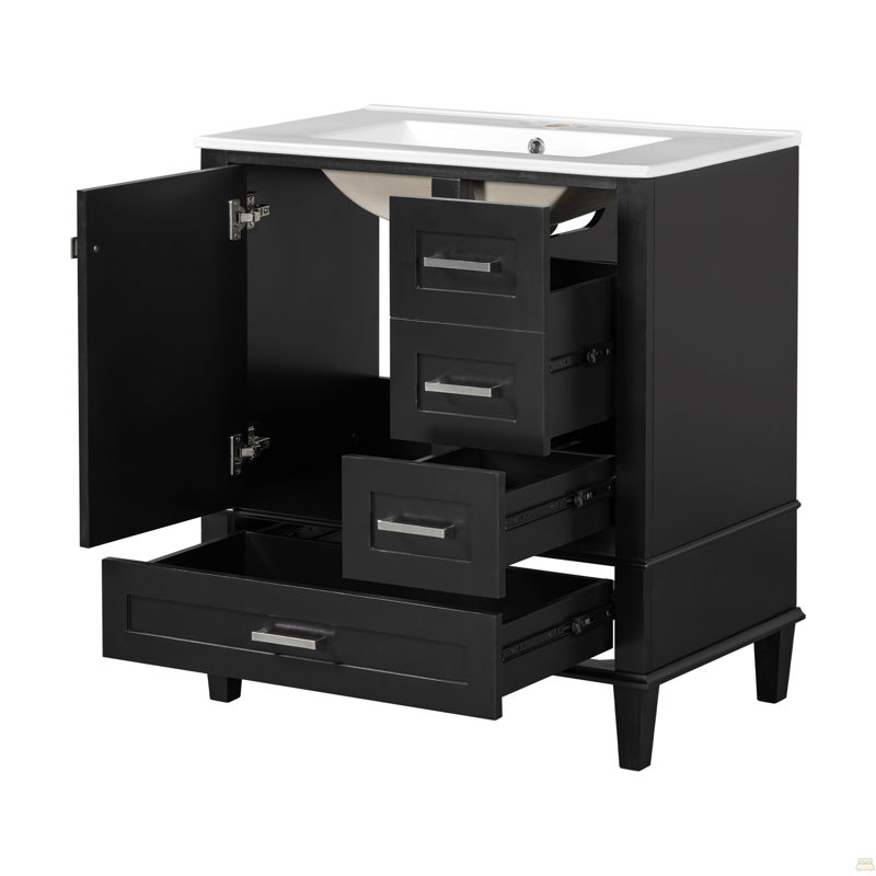 Ensemble de meuble-lavabo moderne avec lavabo 30 po, meuble-lavabo moderne avec porte à fermeture douce et 3 tiroirs, structure en bois massif (noir)
