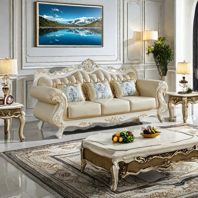 European Style Leather Sofa Solid Wood Sofa 91.3'' Genuine Leather Rolled Arm Sofa -  FURNITURE LEISURE, INC., HJF704UHZLU