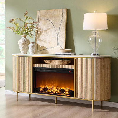 Fluted Fireplace TV Stand – Modern Chic Media Console With Faux Marble Top [Natural Oak] – [Wood / Modern / Chic]