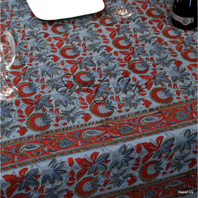 Block Print Cotton Floral Tablecloth Rectangle, Blue, 70" x 106"