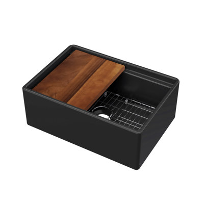 Whitehaus Collection Front Apron Single Bowl Fireclay Kitchen Sinks with Cutting Board and Grid