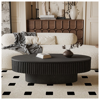 Table basse moderne moderne ovale de 47 po avec rangement, table d'appoint en placage de bois massif noir pour le salon, la chambre à coucher ou le bureau