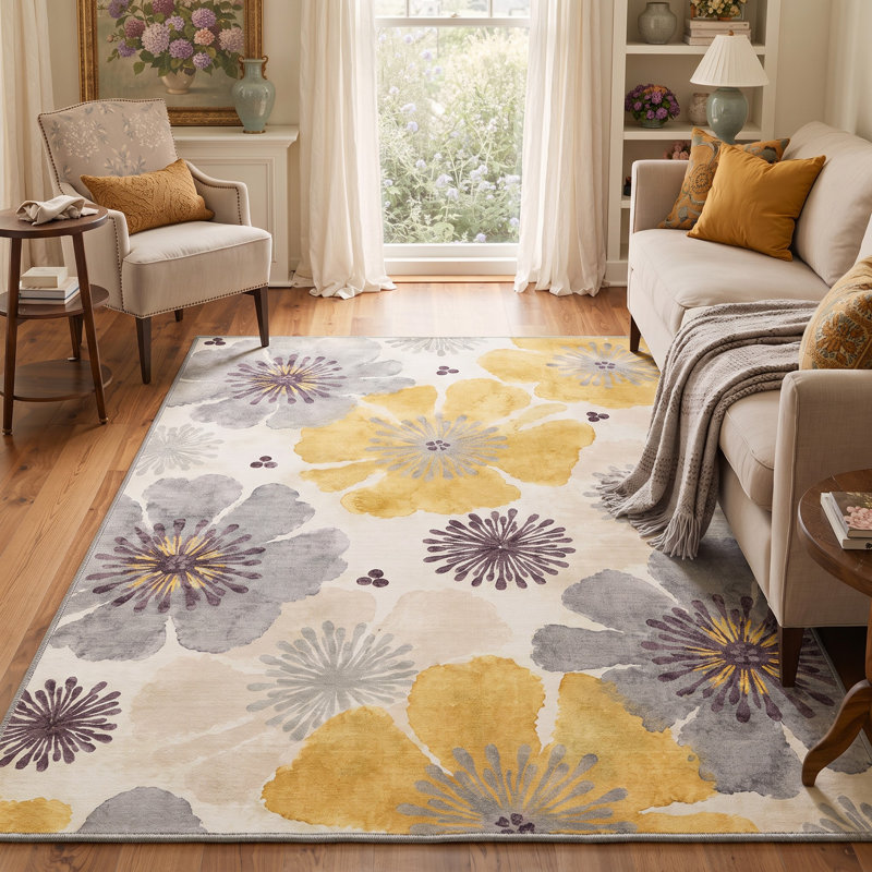 Tapis floral ivoire / jaune lavable à la machine avec envers antidérapant, Rectangle 5' x 7'