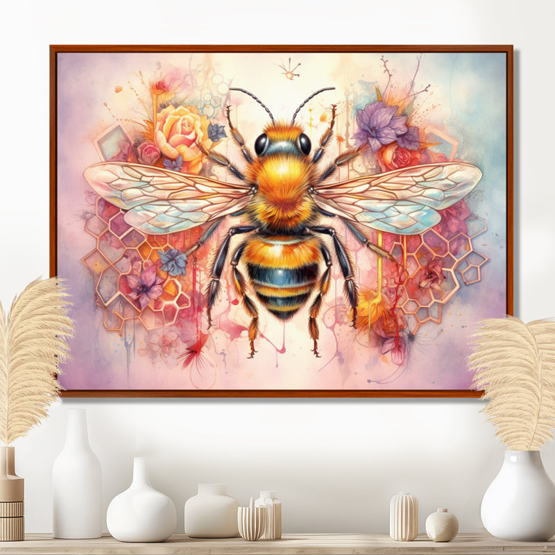 Floral Bee I - impressions sur toile, H 34 po x l 44 po x P 1,5 po, Cadre flottant brun