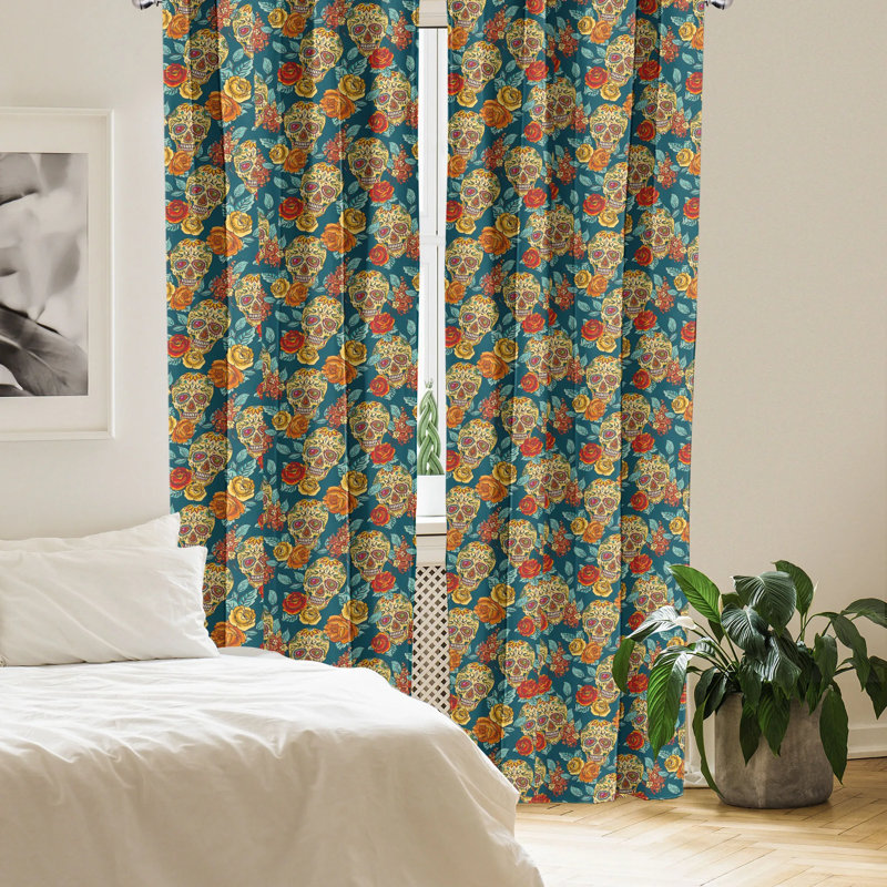 Multicolor Sugar Skull and Roses 95" Polyester Curtain Panels