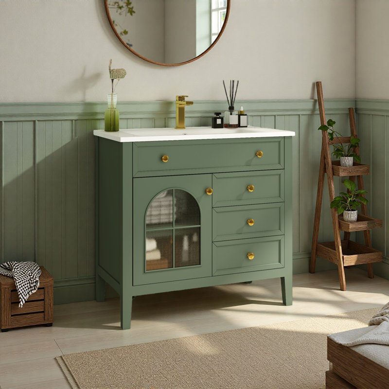 Lavabo de salle de bain 35,6 "Mid-Century avec verre à motif et bande lumineuse à capteur de mouvement, lavabo de salle de bain autoportant Farmhouse avec rangement