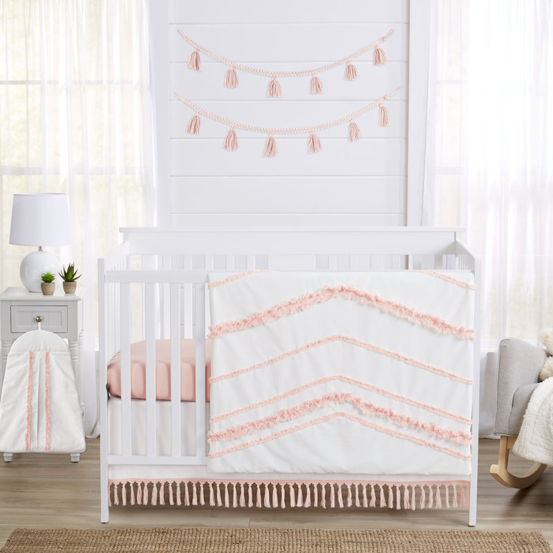 White and Blush Pink Cotton Boho Fringe Toddler Comforter Set