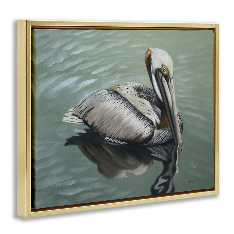 «Pelican Lake Reflection» par D. Rust, Cadre flottant métallique doré, H 17 po x l 21 po