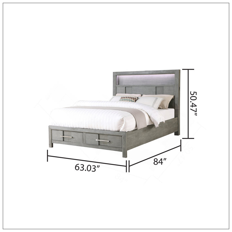 Grand lit de style moderne en bois et tête de lit à DEL avec bibliothèque, gris