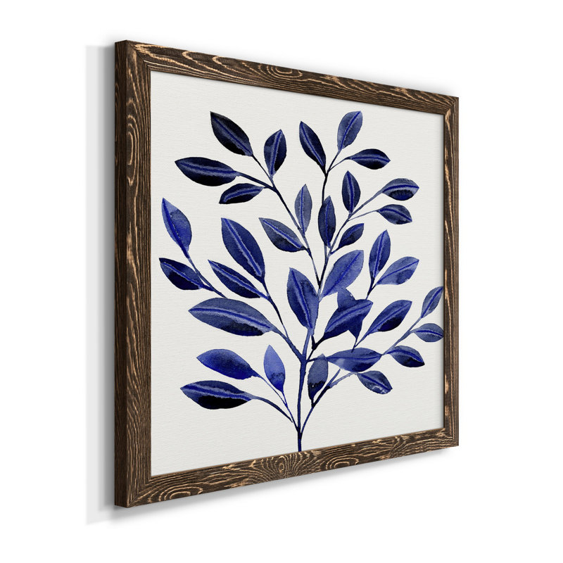 Deep Blue Branch II - Toile encadrée de qualité supérieure - prête à être accrochée, Cadre noyer