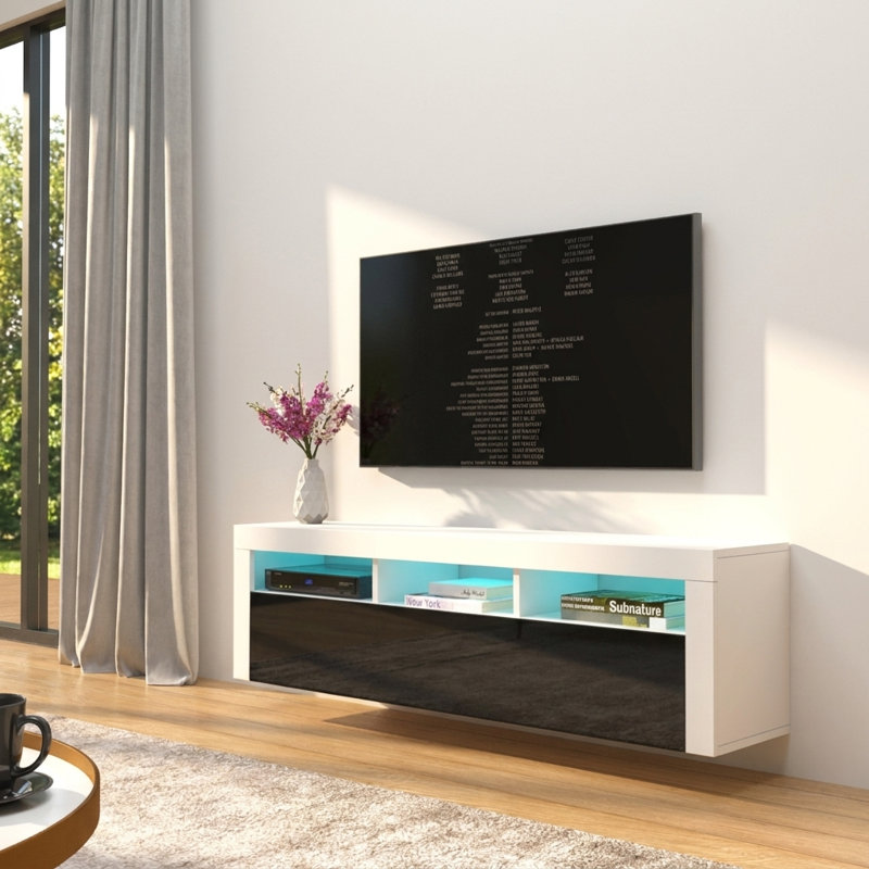 Meuble télé moderne avec éclairage à DEL 16 couleurs Vesperina, finition ultrabrillante, Blanc / Noir