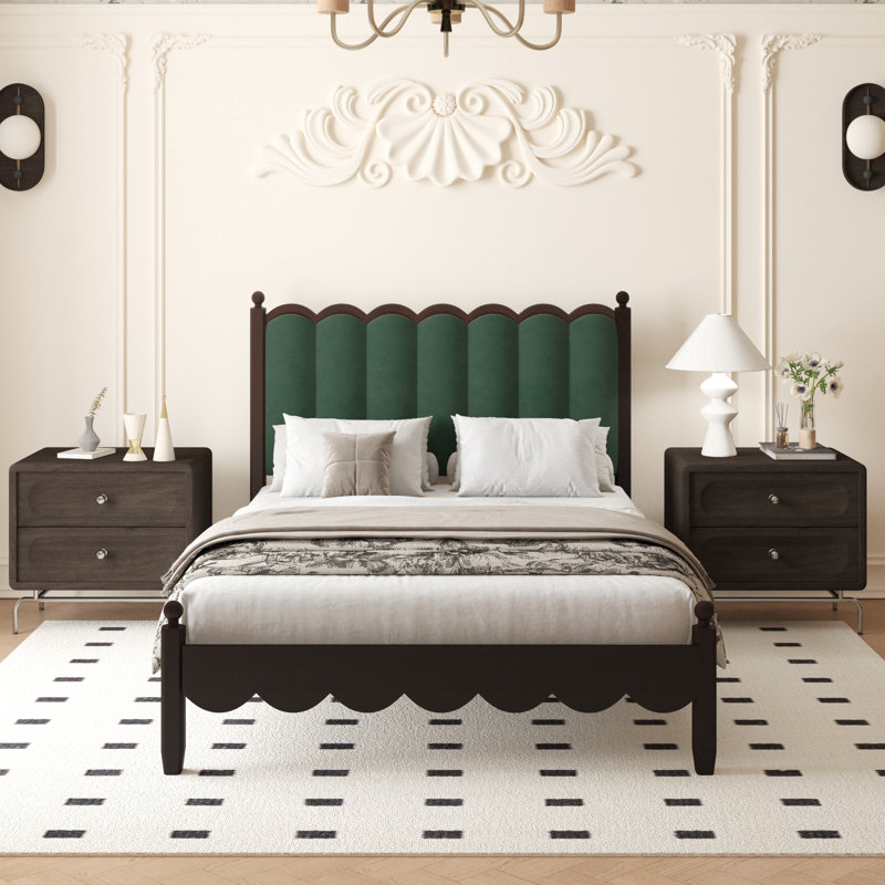 Ines Retro Style Solid Wood Platform Bed Frame with Velvet Upholstered Headboard, Full / Double, Green