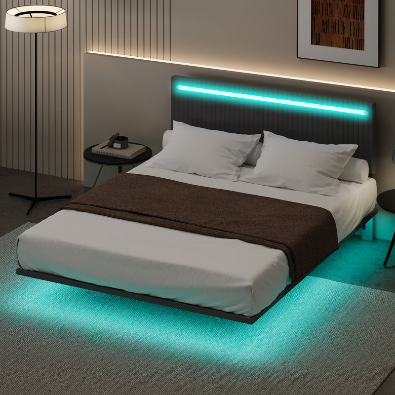 Cadre de lit flottant moderne avec lumières DEL, lit en velours à motif de canaux verticaux, aucun sommier nécessaire, Gris