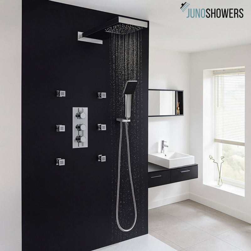 Juno Thermostatic Mixer Valve Body Massage Spray Jet Shower System, Waterfall Rain Shower Faucet, Chrome Finish