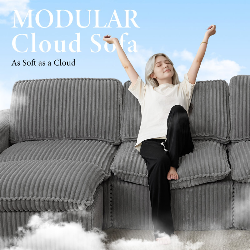 Boneless Modern Sectional Modular Sofa With Ottoman, Gray Corduroy