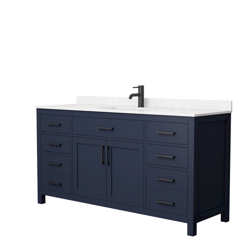 Beckett 66" Freestanding Single Bathroom Vanity with Cultured Marble Top, Dark Blue, Matte Black, Carrara Cultured Marble