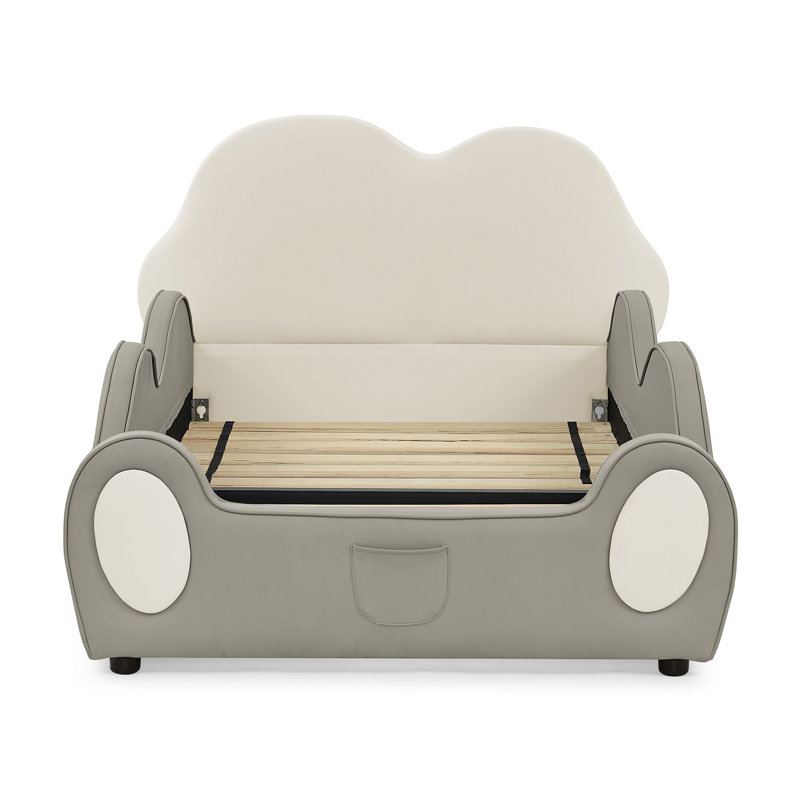 Lit simple mignon en forme de nuage pour enfants en cuir de polyuréthane avec garde-corps, lit pour tout-petits sécuritaire avec dessin beige et gris et poche de rangement