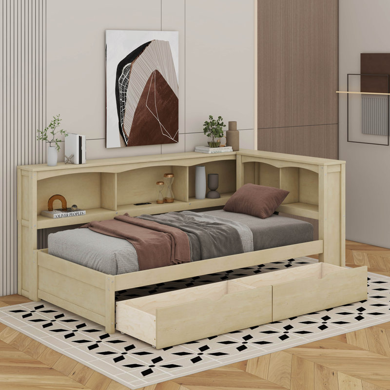 Lit de jour simple avec 2 tiroirs de rangement et ports USB, Naturel