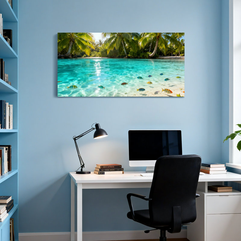 Paysage et nature plage tropicale avec palmiers et poissons, H 16 po x l 32 po