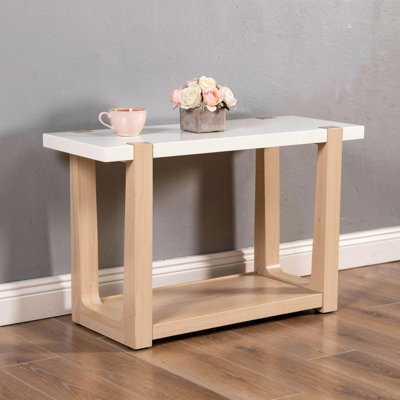 Sane Sofa Console Table, 50 Inch White Faux Marble Top with Shelf, Brown
