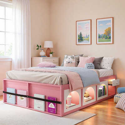 Wooden Platform Bed With Bookshelf, Display Cabinet, Led Light And Drawer