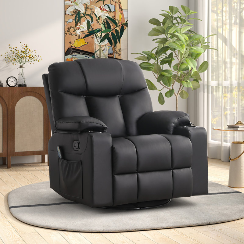 Arncliffe 37.8" Wide Faux Leather Swivel Rocker Manual Recliner Chair With Heated Massage & Dual Cupholders, Black