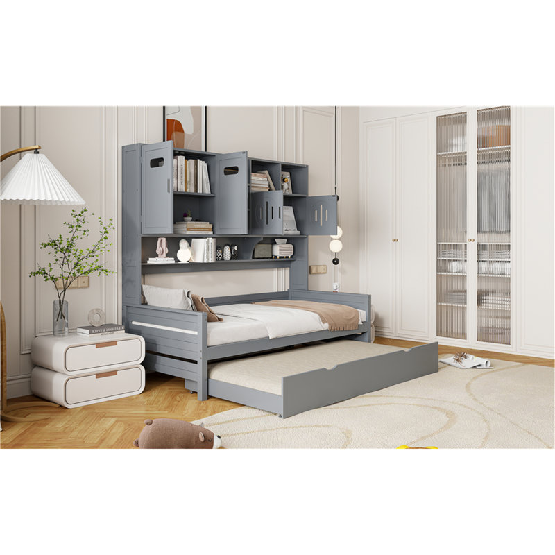 Lit de jour en bois avec lit gigogne, armoire et tablette tout-en-un, Lit simple, Gris