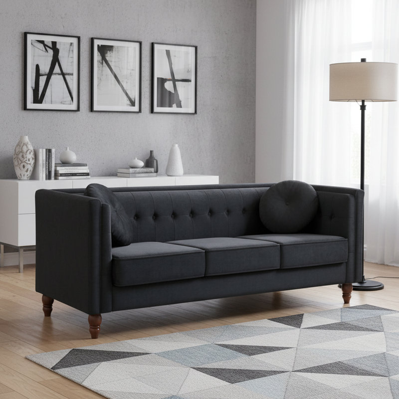 Canapé Chesterfield classique avec revêtement en velours froissé, Velours noir