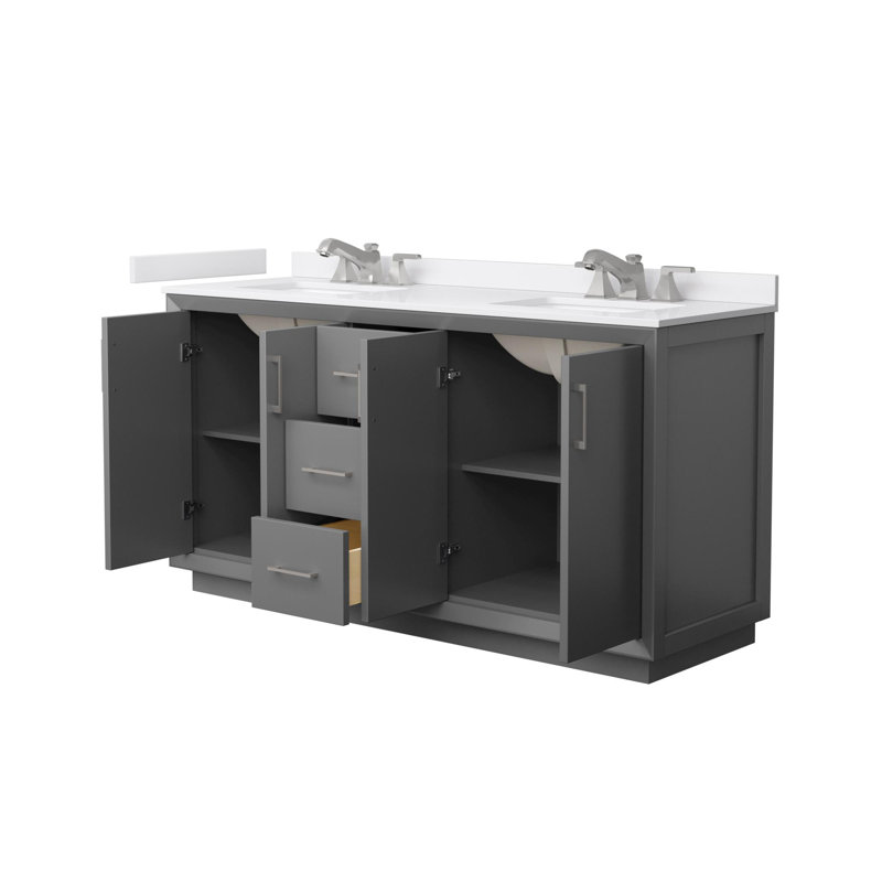Strada 66" Freestanding Double Bathroom Vanity with Cultured Marble Top, Gray, Brushed Nickel