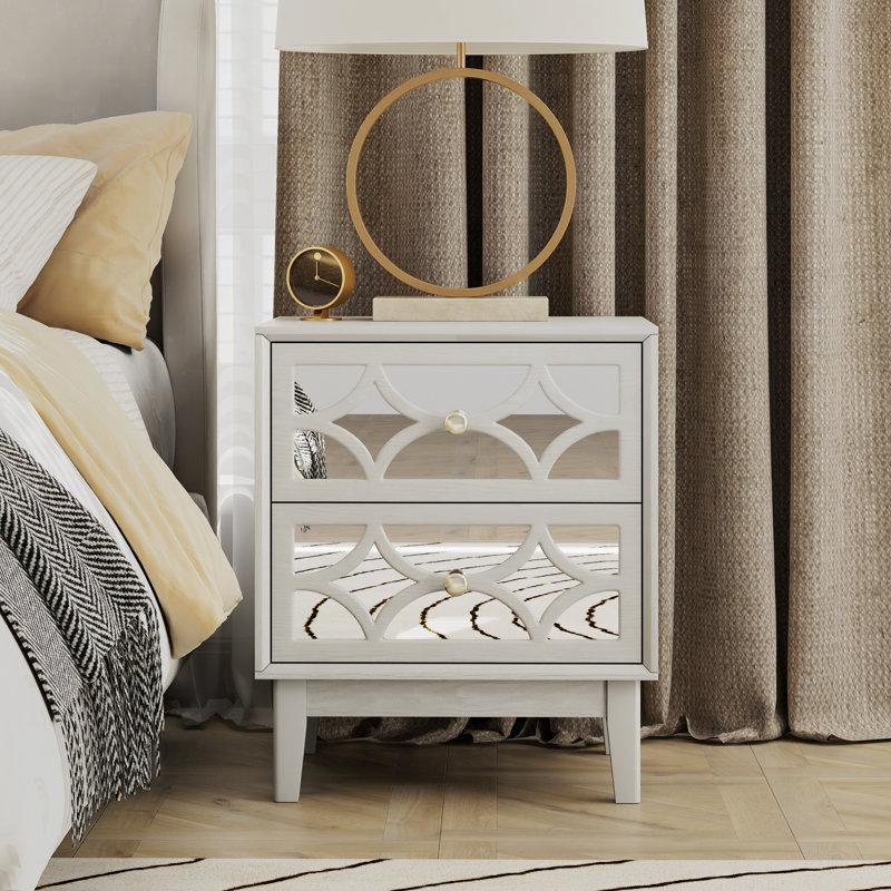 Modern 2 Drawer Nightstand With Mirrored Fronts In Light Grey, Gray