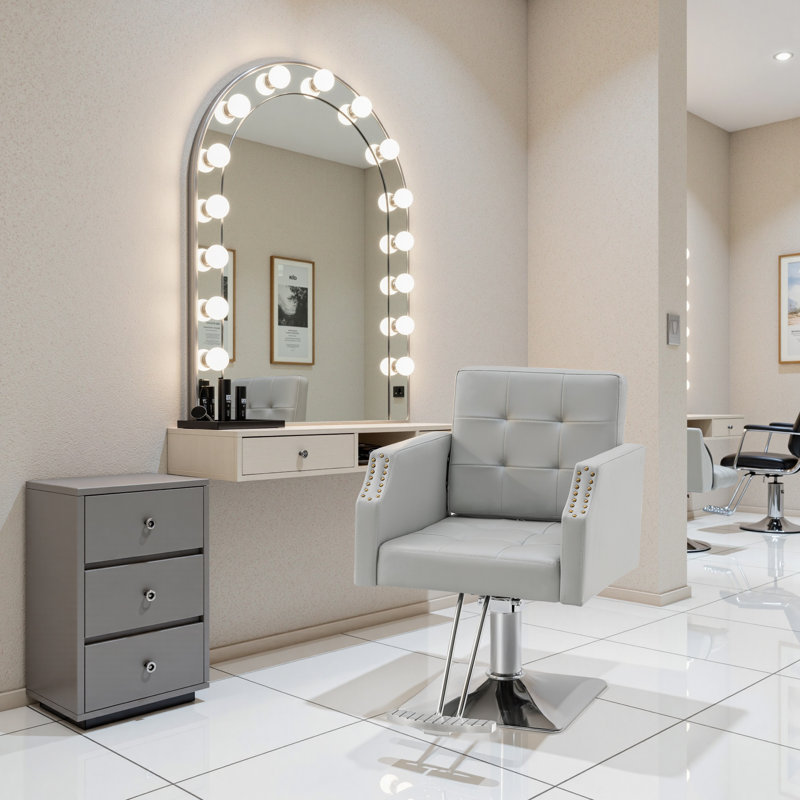 Fauteuil de coiffeuse à pompe hydraulique pour coiffeur, coiffeuse avec garniture cloutée, Gris