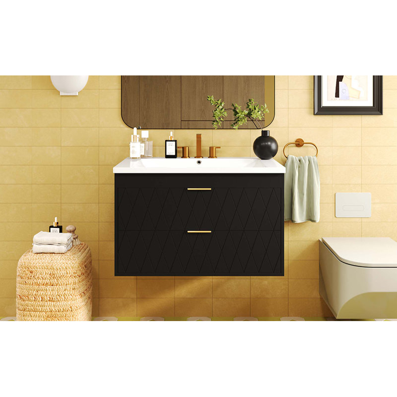 Meuble-lavabo mural 30 po avec lavabo en résine, armoire de rangement flottante avec 2 tiroirs, armoire de salle de bain en bois massif
