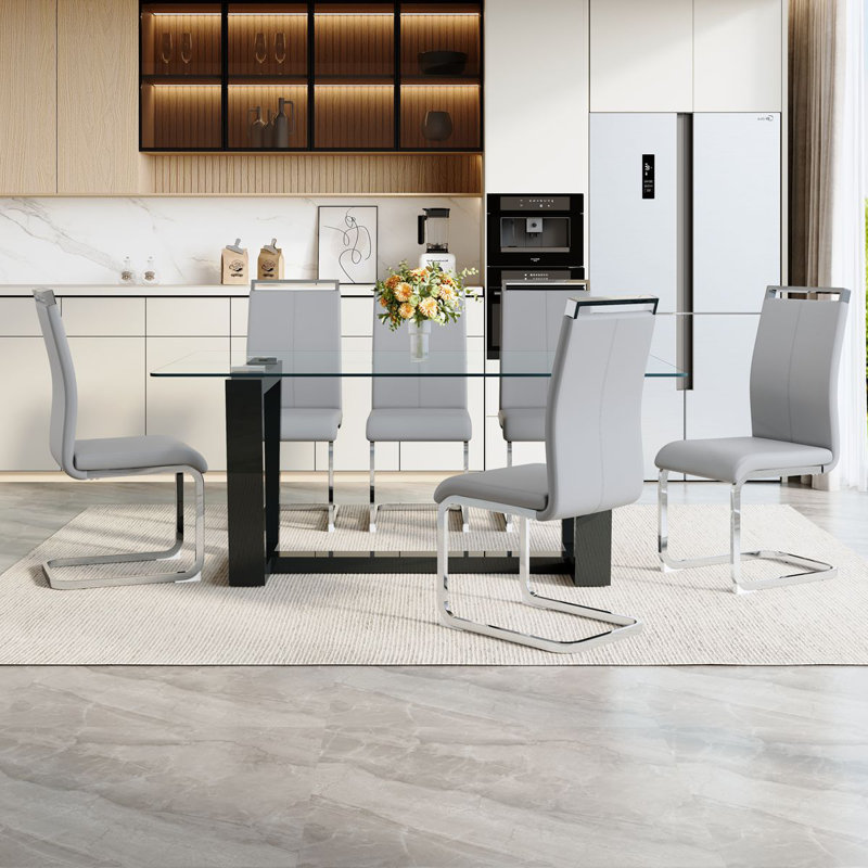 63'' Dining Table Set For 4–6 People, Modern Tempered Glass Kitchen Table With Faux Leather Chairs, Light Gray