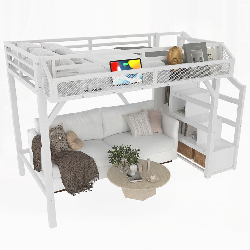 Loft Bed with Storage Stairs, Shelves and Built-in Wardrobe, White, Twin XL