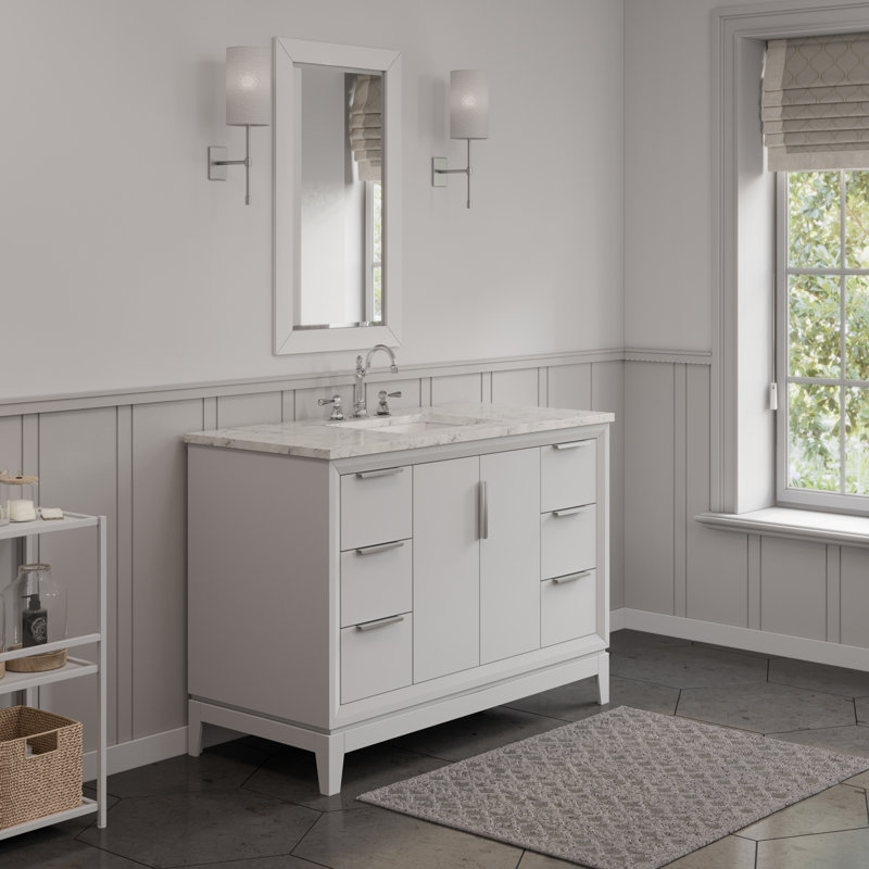 Elizabeth 48" Carrara White Marble Countertop Bath Vanity in Pure White with Mirror