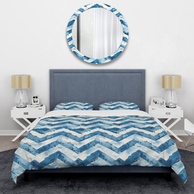 White Blue Chevron Charm II - Chevron Duvet Cover Set