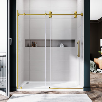 UKS04 61 to 65 in. x 80 in. H Frameless Single Sliding Shower Door with U-Chanel and 3/8 in. (10mm) Clear Glass in Satin Brass