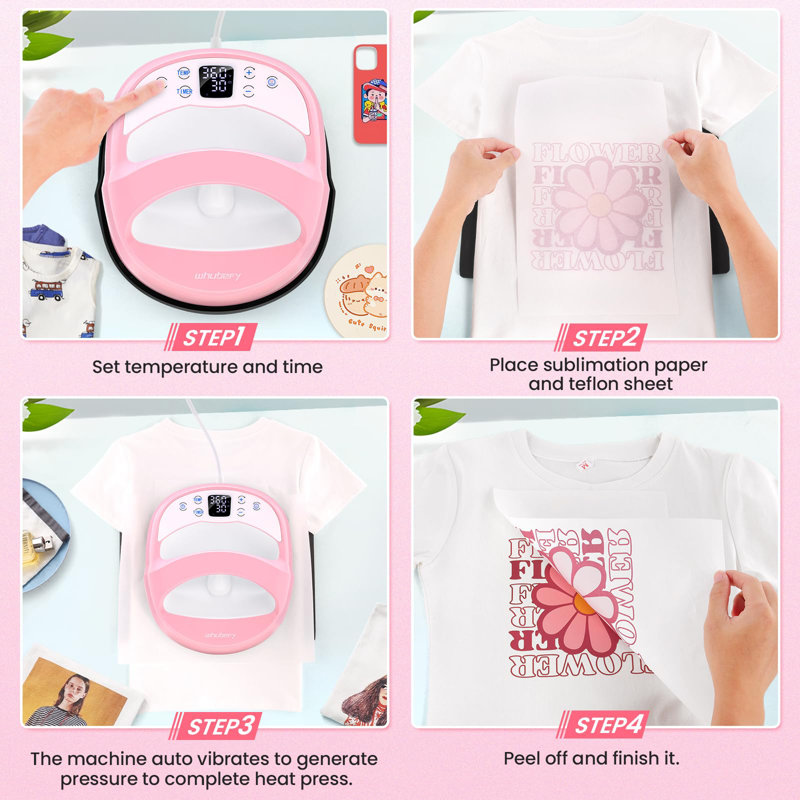 Presse à chaleur portative pour t-shirts avec feuille de polytétrafluoroéthylène, papier de sublimation et base isolée, Rose