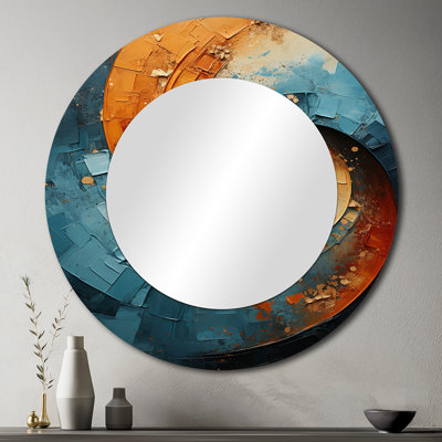 Orange bleu sarcelle abstrait spirales I - miroir mural abstrait spirales, miroir décoratif rond moderne, art imprimé en métal