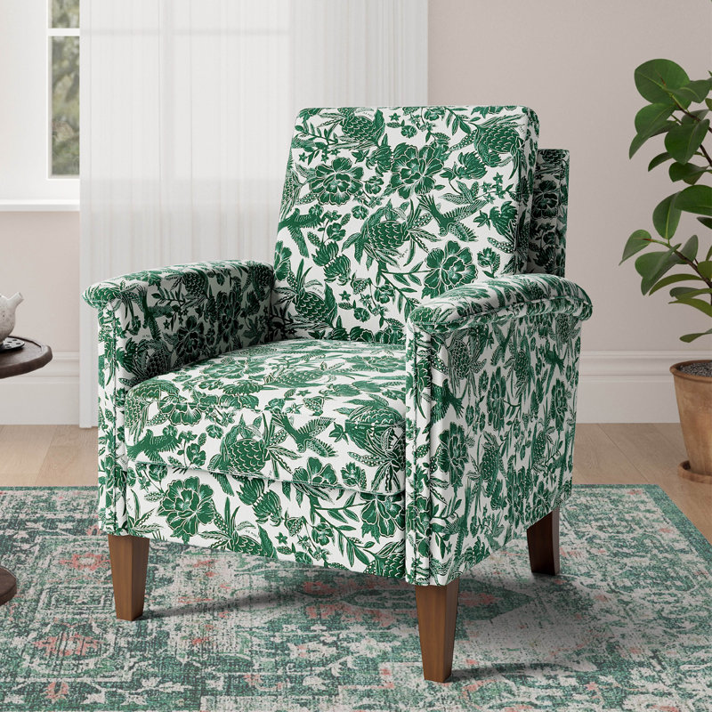 29" Wide Floral Upholstered Armchair With Solid Wood Legs, Traditional Accent Chair, Green