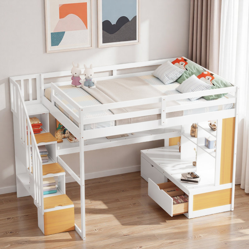 Lit mezzanine avec bureau, tablettes, 2 tiroirs intégrés et escalier de rangement, Blanc / Naturel