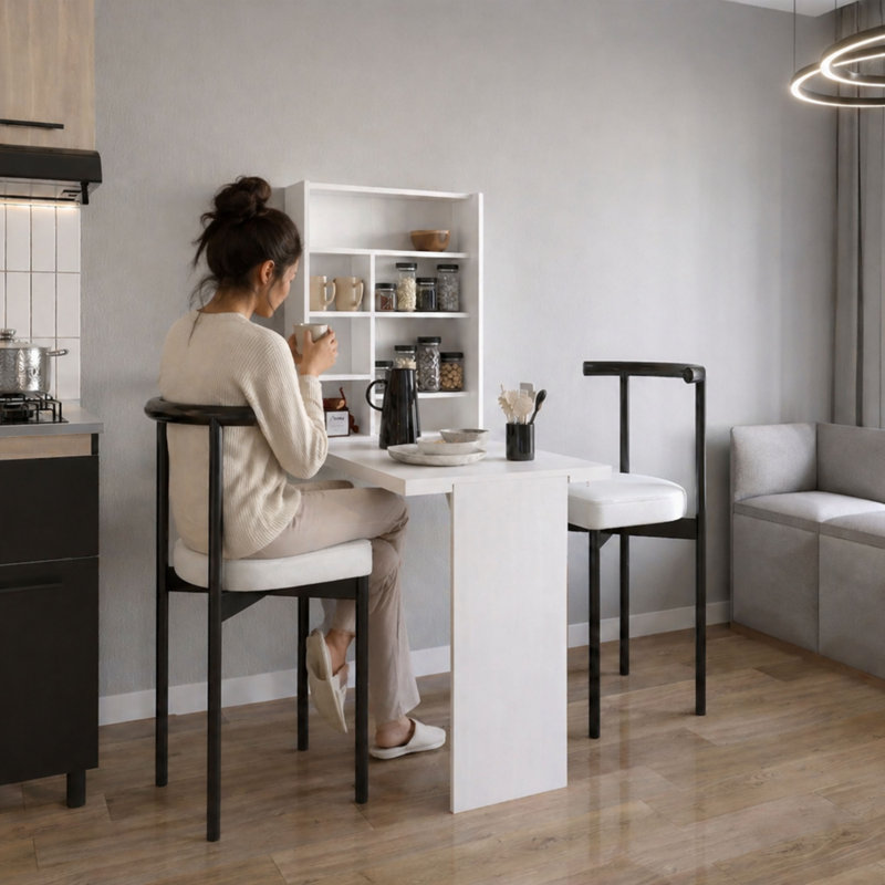Dalton Wall-Mounted Fold-Down Table with 7 Storage Shelves — Space‑Saving Floating Desk & Breakfast Bar, White